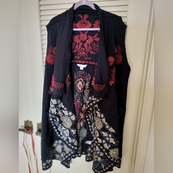Coldwater Creek Jackets & Blazers - Coldwater Creek Open Front Embroidered Long Kimono Vest 100% Cotton XL Pockets